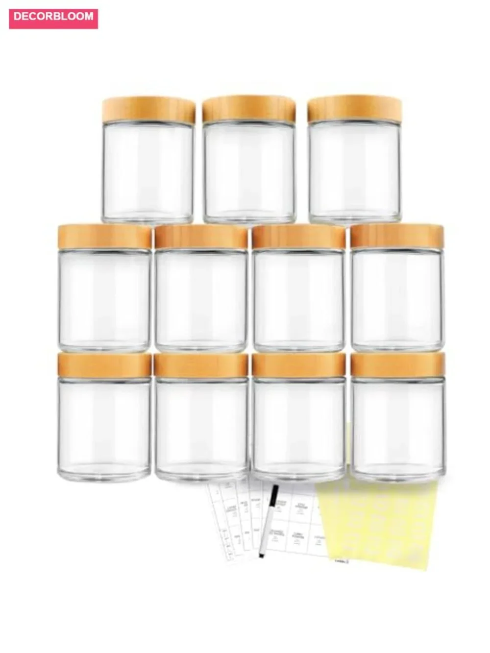 12pc 8oz Glass Spice Jars with Bamboo Lids & Labels, Airtight Kitchen Storage